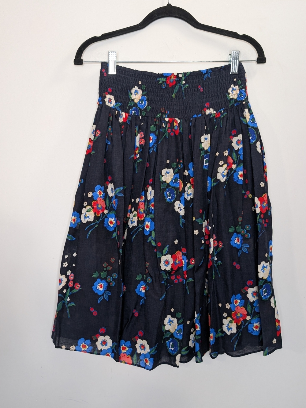 Tory Burch Silk Wool Floral Smocked Waist Skirt Navy Boho Mini Size 6 - Picture 6 of 6